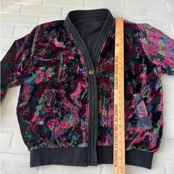 Sun Hung Velvet Floral Black Purple Reversible Bomber Style Button Jacket-sz  XL - Picture 6 of 8
